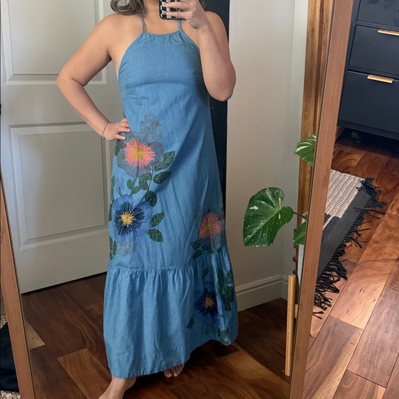 Anthropologie X Pilcro Halter Embroidered Denim Midi Dress. Size XXS/ size 4 - Picture 11 of 12